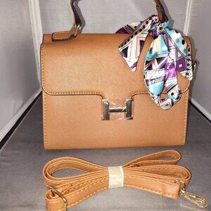 Unbranded Camel Brown Leather Handbag w/ Crossbody Strap & Twilley   NWOT